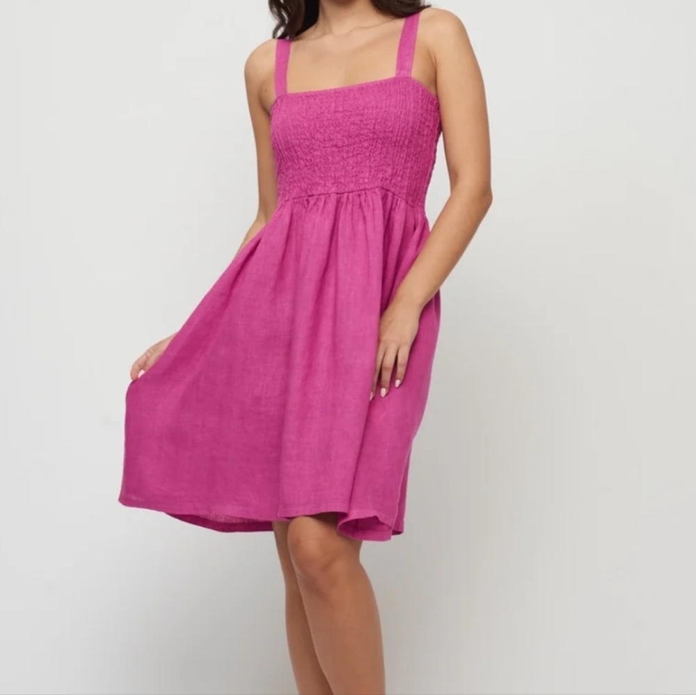 NWT Pistache Linen Orchid Pink Smocked Midi Sundress,‎ Large